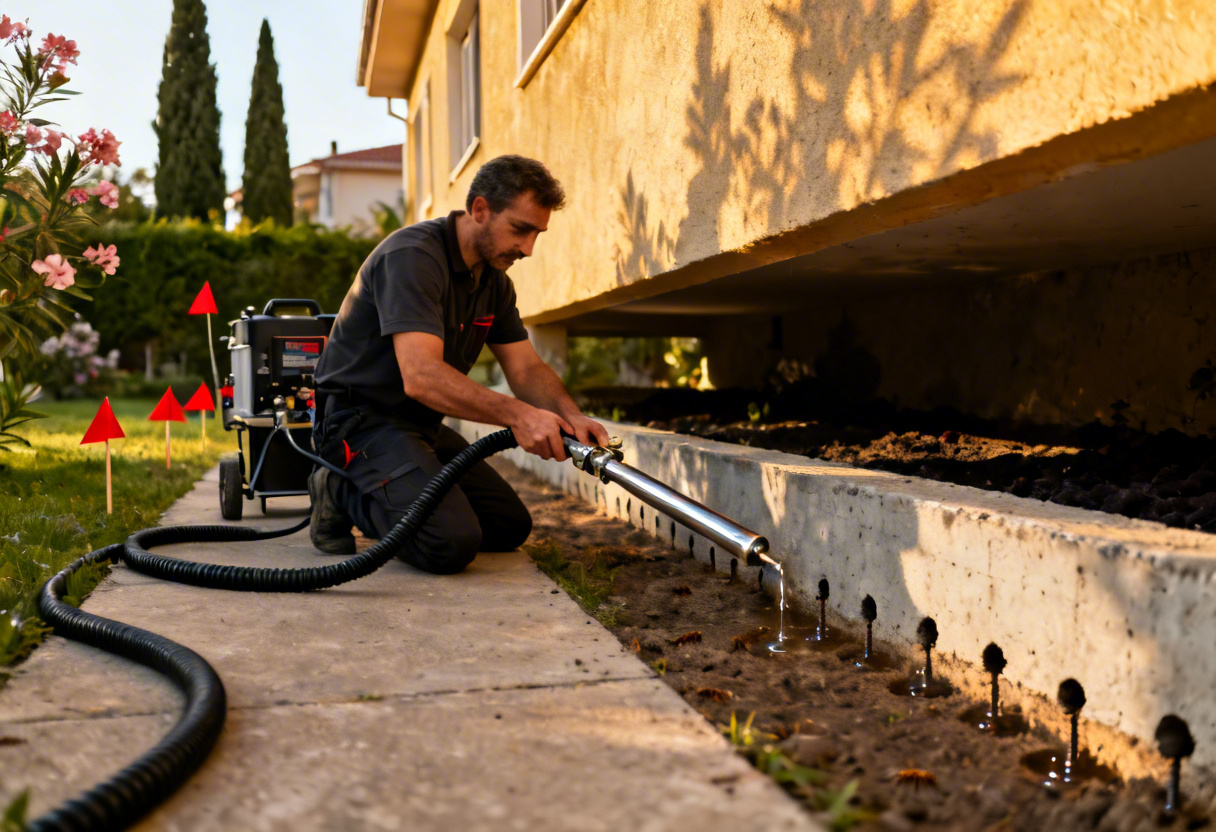 Bina cevresinde toprak enjeksiyon tedavisi uygulayan teknisyen