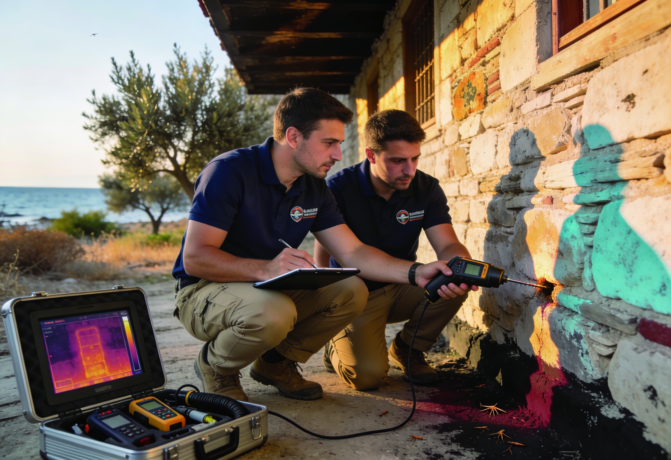 Iki uzman bina temeli yakininda termal kamera ile inceleme yapiyor