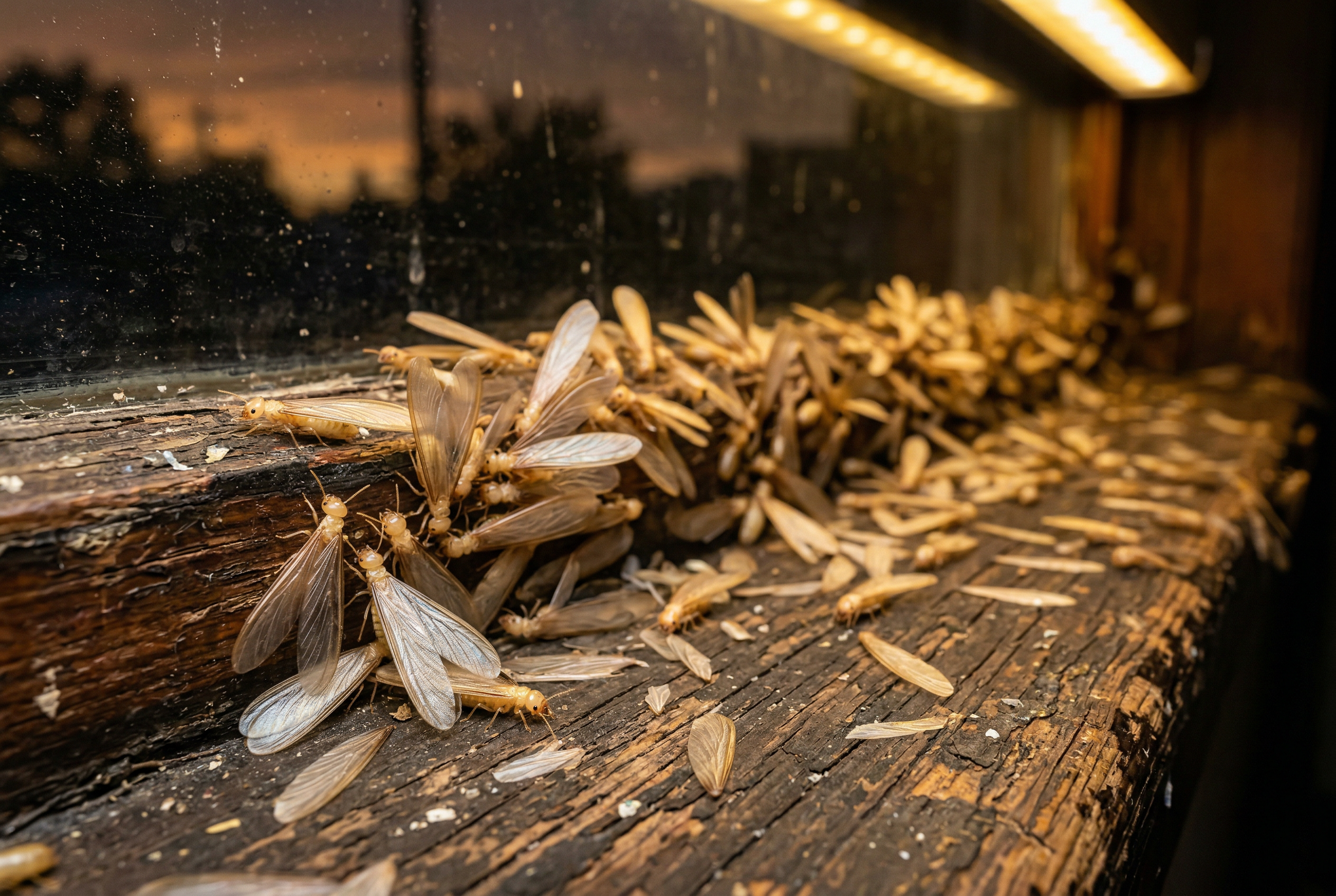 Ahsap pencere pervazinda toplanan kanatli termit suru goruntusu