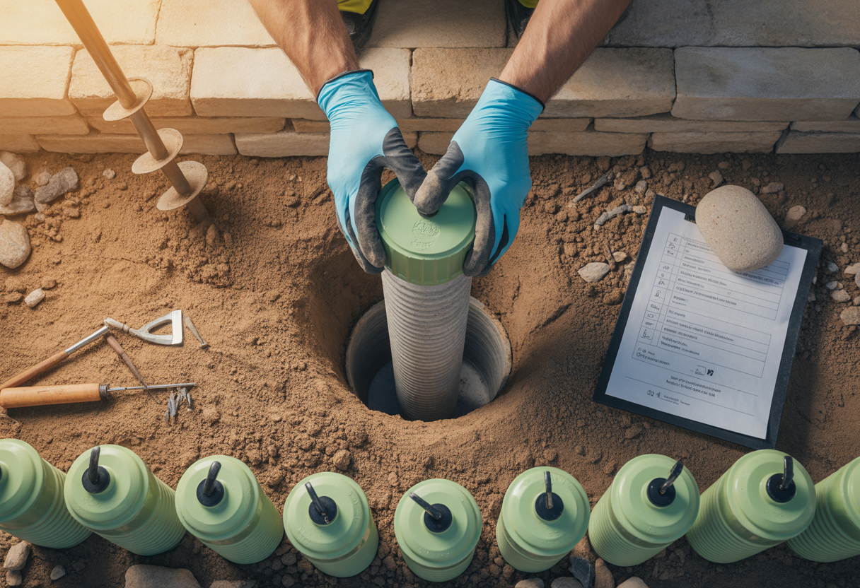 Toprak icine yer alti termit yem istasyonu yerlestiren eldivenli eller